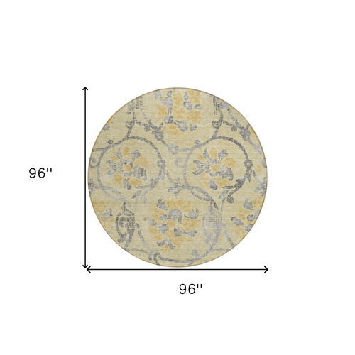 8' Gold Gray And Charcoal Round Floral Washable Indoor Outdoor Area Rug