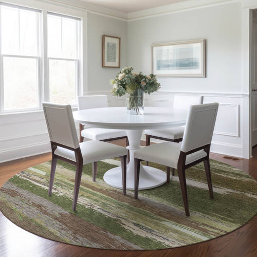 8' Olive Green Round Abstract Washable Indoor Outdoor Area Rug