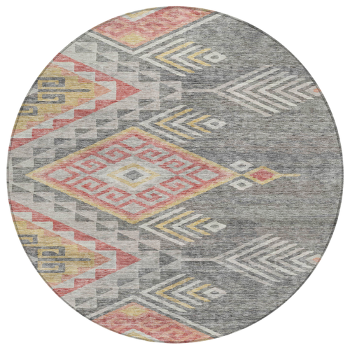 8' Gray And Terra Cotta Round Southwestern Washable Indoor Outdoor Area Rug