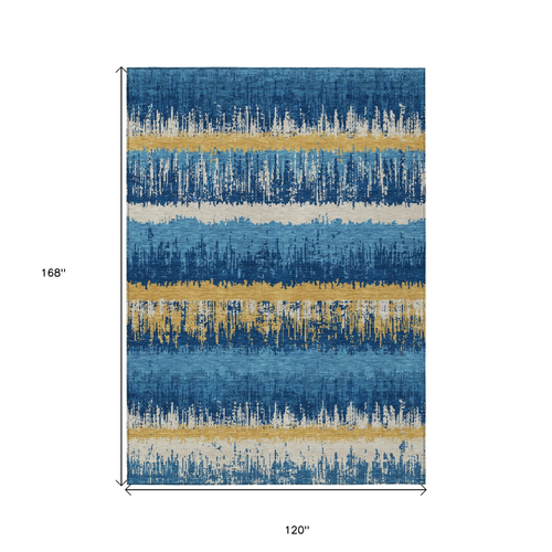 10' X 14' Navy Blue Gold And Ivory Striped Washable Indoor Outdoor Area Rug