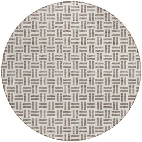8' Taupe And Ivory Round Geometric Washable Indoor Outdoor Area Rug