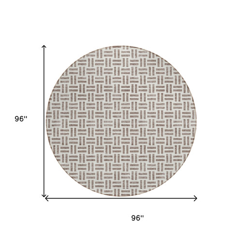 8' Taupe And Ivory Round Geometric Washable Indoor Outdoor Area Rug - Taupe, Ivory