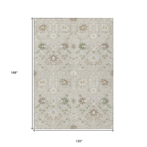 10' X 14' Beige Brown And Green Oriental Washable Indoor Outdoor Area Rug