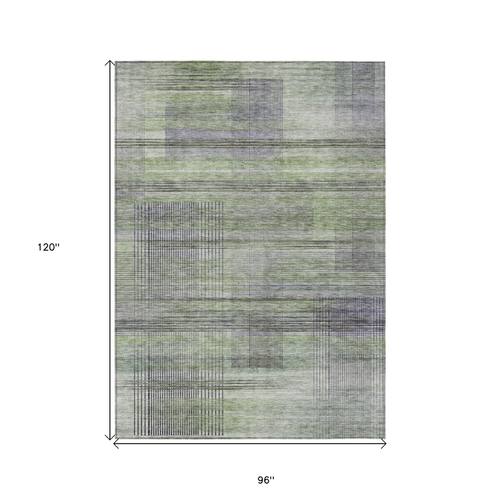 8' X 10' Artichoke Green Purple And Fern Green Striped Washable Indoor Outdoor Area Rug