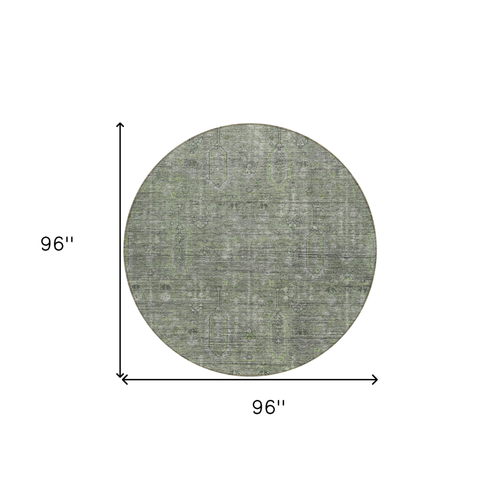 8' Fern Green And Gray Round Southwestern Washable Indoor Outdoor Area Rug