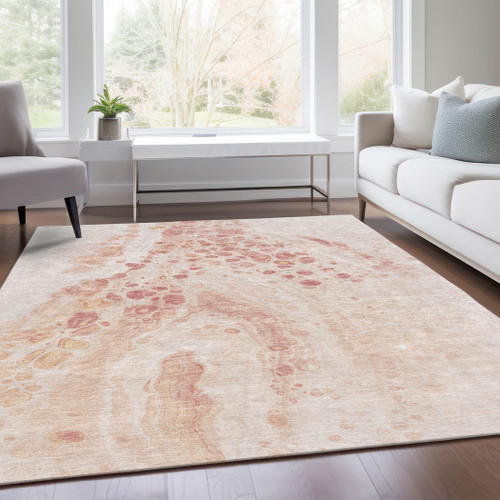 10' X 14' Salmon And Ivory Abstract Washable Indoor Outdoor Area Rug - Salmon, Ivory