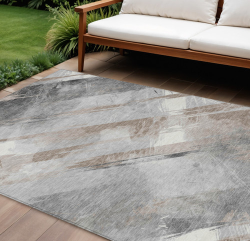 10' X 14' Taupe And Gray Striped Washable Indoor Outdoor Area Rug