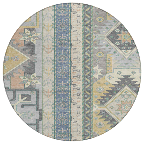 8' Silver Beige And Gold Round Aztec Washable Indoor Outdoor Area Rug