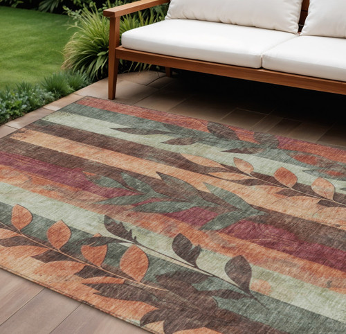 10' X 14' Terra Cotta And Sage Floral Washable Indoor Outdoor Area Rug