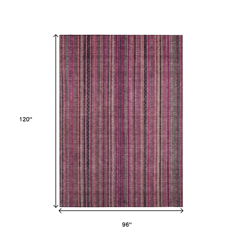 8' X 10' Pink Mauve And Blush Striped Washable Indoor Outdoor Area Rug