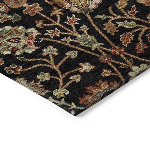 9' X 12' Black Brown And Red Floral Washable Indoor Outdoor Area Rug