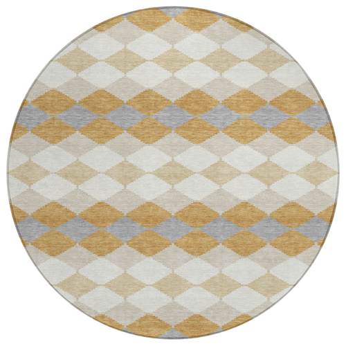 8' Gold Copper And Ivory Round Geometric Washable Indoor Outdoor Area Rug