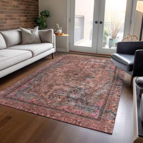 10' X 14' Pink And Mauve Medallion Washable Indoor Outdoor Area Rug