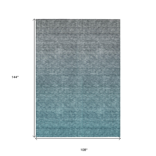 9' X 12' Teal Blue Gray And Charcoal Ombre Washable Indoor Outdoor Area Rug