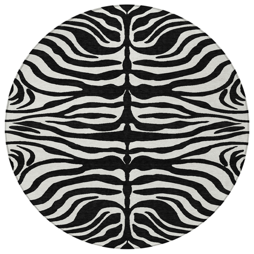 8' Black And Ivory Round Animal Print Washable Indoor Outdoor Area Rug