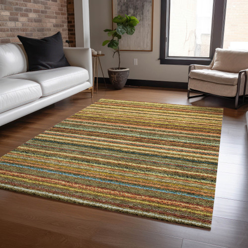 8' X 10' Coral Gold And Green Striped Washable Indoor Outdoor Area Rug