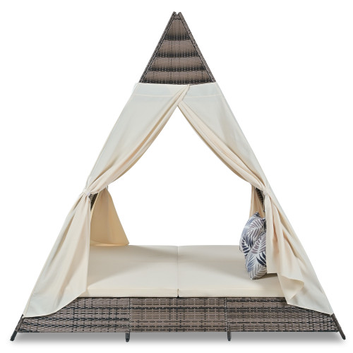 91" Brown And Natural Faux Rattan And Fabric Pyramid Lounge Chair