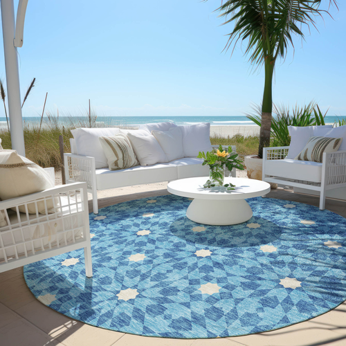 8' Denim Blue And Ivory Round Floral Medallion Washable Indoor Outdoor Area Rug
