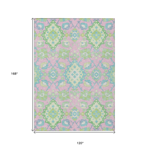 10' X 14' Pink Green And Blue Oriental Washable Indoor Outdoor Area Rug
