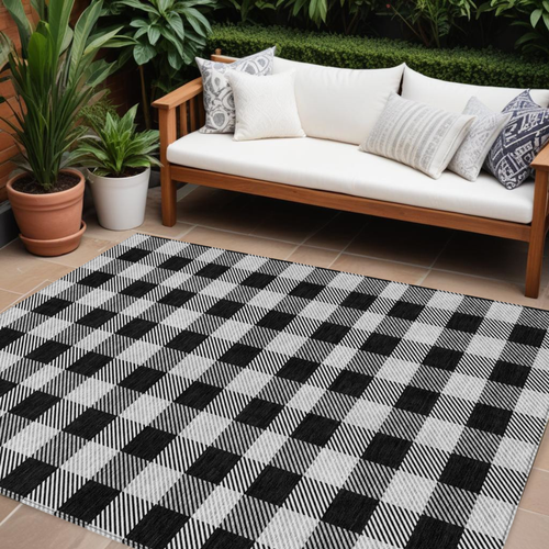 8' X 10' Black Gray And Ivory Plaid Washable Indoor Outdoor Area Rug