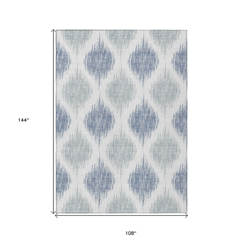 9' X 12' Sky Blue Ivory And Denim Blue Ikat Washable Indoor Outdoor Area Rug
