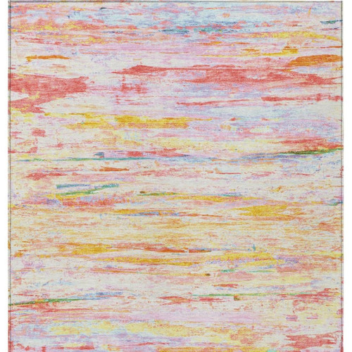 9' X 12' Coral And Yellow Abstract Washable Indoor Outdoor Area Rug