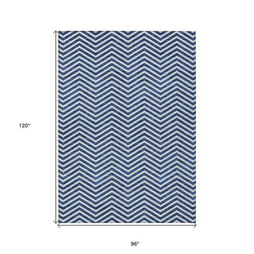 8' X 10' Blue And Ivory Chevron Washable Indoor Outdoor Area Rug