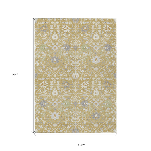 9' X 12' Gold Ivory And Gray Oriental Washable Indoor Outdoor Area Rug