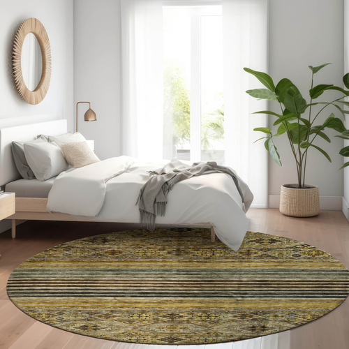 8' Gray Gold And Brown Round Medallion Washable Indoor Outdoor Area Rug