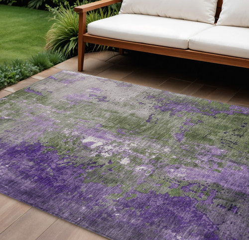 8' X 10' Olive Green And Purple Abstract Washable Indoor Outdoor Area Rug - Olive Green, Purple