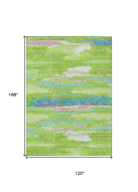 10' X 14' Lime Green And Sky Blue Abstract Washable Indoor Outdoor Area Rug