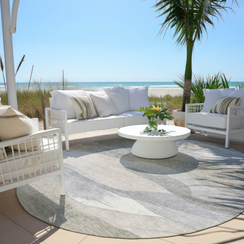 8' Beige And Gray Round Abstract Washable Indoor Outdoor Area Rug - Beige, Gray