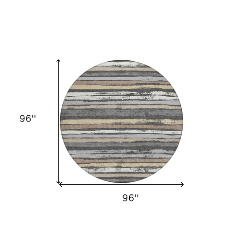 8' Charcoal Beige And Brown Round Striped Washable Indoor Outdoor Area Rug