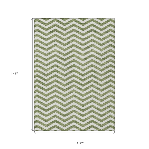 9' X 12' Green And Ivory Chevron Washable Indoor Outdoor Area Rug