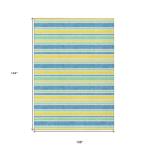 9' X 12' Blue Yellow and Green Striped Washable Non Skid Indoor Outdoor Area Rug