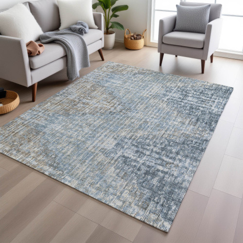 10' X 14' Denim Blue And Beige Geometric Washable Indoor Outdoor Area Rug