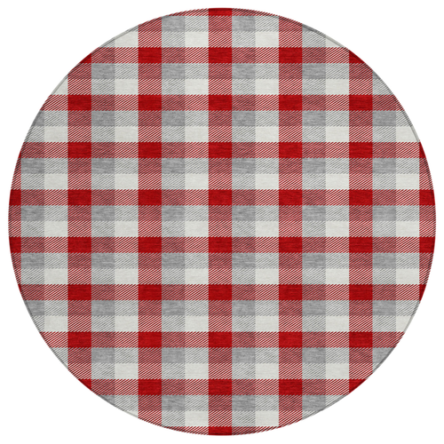 8' Red Gray And Beige Round Plaid Washable Indoor Outdoor Area Rug