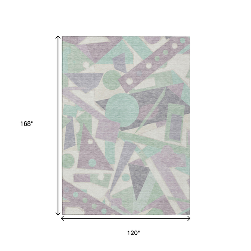 10' X 14' Lavender Mint Green And Ivory Geometric Washable Indoor Outdoor Area Rug