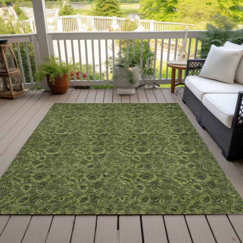 10' X 14' Olive Green And Fern Green Floral Washable Indoor Outdoor Area Rug