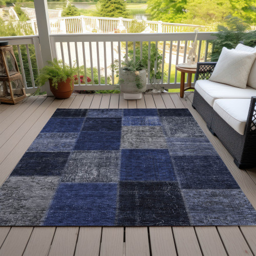 10' X 14' Navy Blue And Denim Blue Patchwork Washable Indoor Outdoor Area Rug