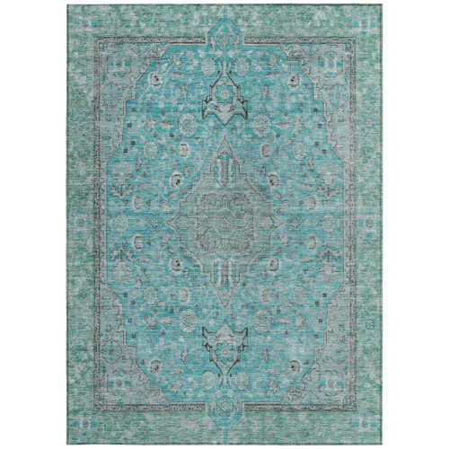 10' X 14' Aqua And Teal Blue Medallion Washable Indoor Outdoor Area Rug