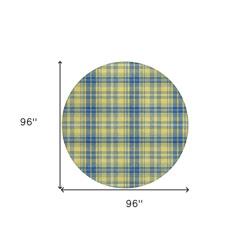 8' Yellow Blue And Ivory Round Plaid Washable Indoor Outdoor Area Rug