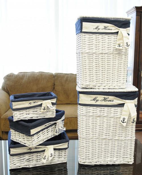 Homeroots Home Decor 14" x 17.5" x 19.5" WhiteBlueRectangularWillow Basket Set of 5