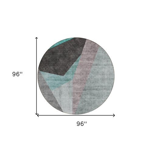 8' Teal Blue Aqua And Charcoal Round Abstract Washable Indoor Outdoor Area Rug