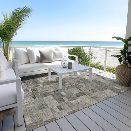 10' X 14' Taupe Beige And Gray Geometric Washable Indoor Outdoor Area Rug