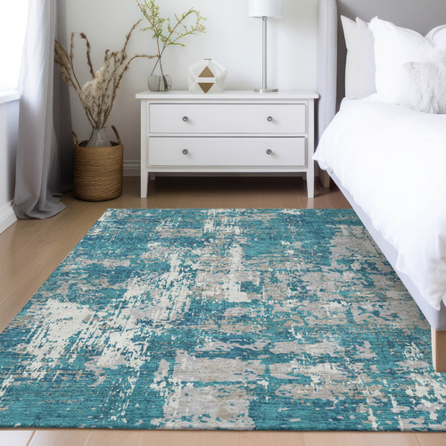 9' X 12' Teal Blue Gray And Ivory Abstract Washable Indoor Outdoor Area Rug