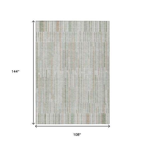 9' X 12' Sage And Ivory Striped Washable Indoor Outdoor Area Rug - Sage, Ivory