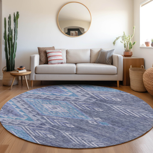 8' Navy Blue Charcoal And Gray Round Southwestern Washable Indoor Outdoor Area Rug