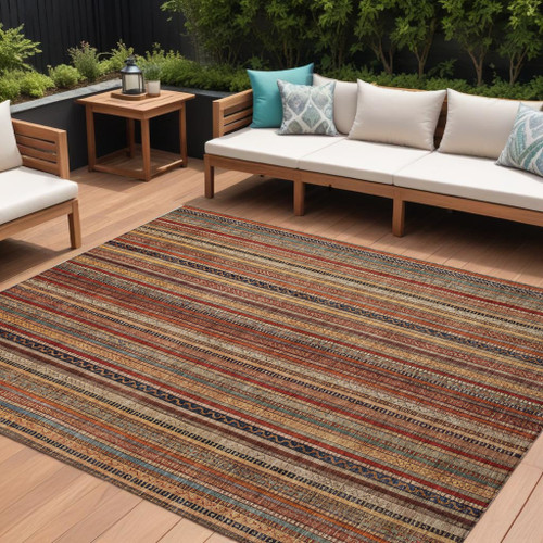 10' X 14' Rust Taupe And Gray Striped Washable Indoor Outdoor Area Rug
