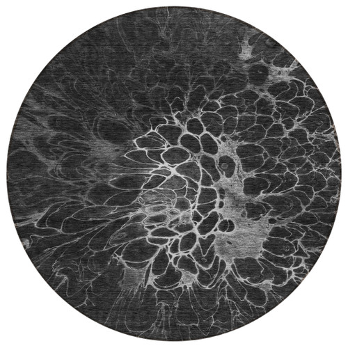 8' Charcoal Gray And Silver Round Abstract Washable Indoor Outdoor Area Rug - Charcoal, Gray, Silver